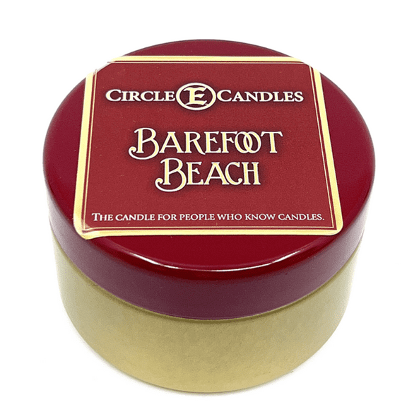 Circle E Candles, Barefoot Beach Scent, Extra Small Size Travel Tin Candle, 4oz, 1 Wick, Indoor/Outdoor with 25 Burn Time