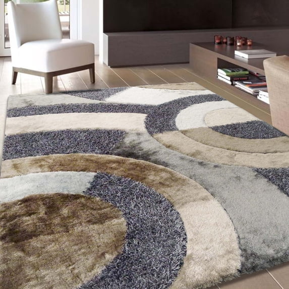 Circle Earth Tone Design Plush Fluffy Multi-Textural Shag, 7'6" x 10'3" Area Rug/ Carpet by Makymo