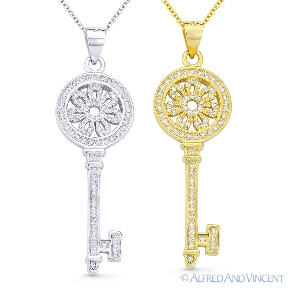 Circle & Flower Bow Key Charm Pendant & Chain Necklace in .925 Sterling Silver