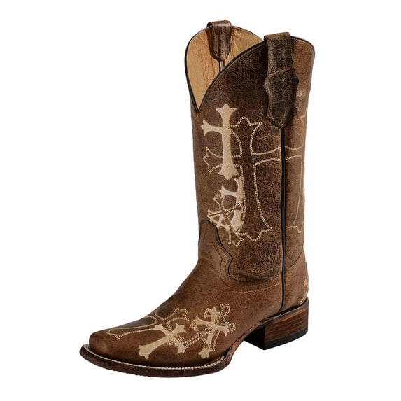 CORRAL Adult Female Side Cross Embroidery Square Toe Boots, Color: Brown/Beige, Size: 5.5, Width: M