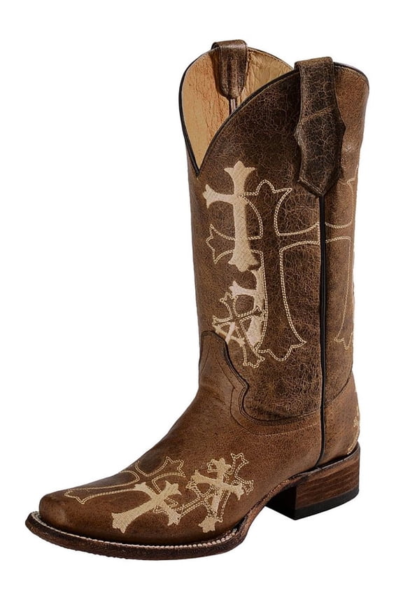 CORRAL Adult Female Side Cross Embroidery Square Toe Boots, Color: Brown/Beige, Size: 10.5, Width: M