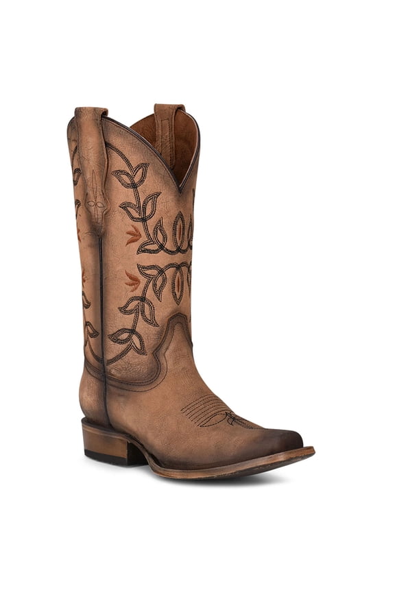 CORRAL Women's Circle G Brown Flowered Embroidery Square Toe Boots, Size: 7.5, Width: M