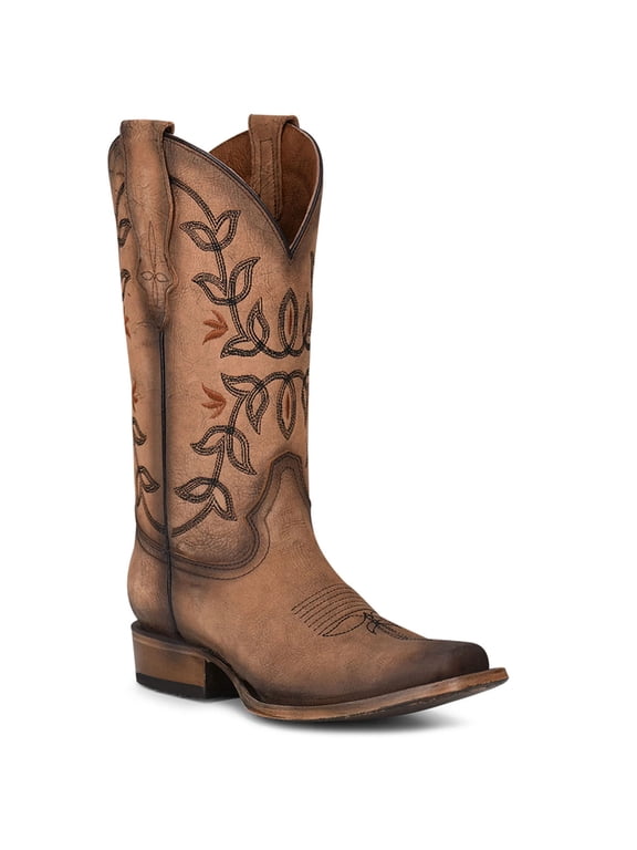 CORRAL Women's Circle G Brown Flowered Embroidery Square Toe Boots, Size: 10, Width: M