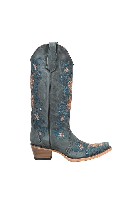 Western Boots Womens Floral Embroidery Leather 9 M Blue L6210
