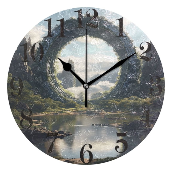 Circle Gate in Mountains Round Wall Clock Battery Operated Silent Non-Ticking Bedroom Office Kitchen Home School Decor 10"(Black)