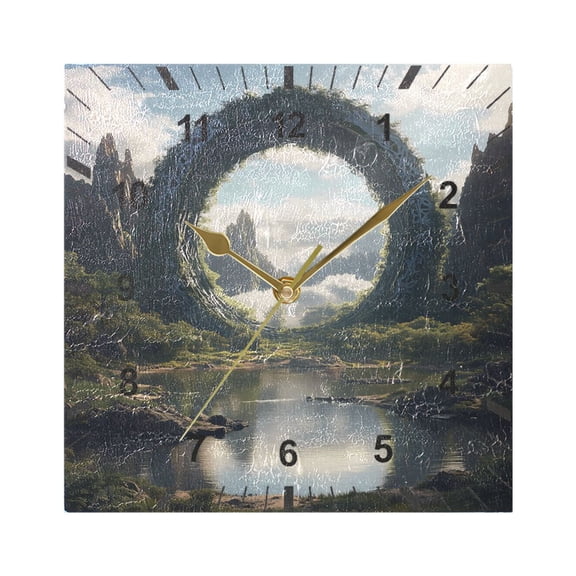 Circle Gate in Mountains Wall Clock Battery Operated Silent Non-Ticking Bedroom Office Kitchen Home School Decor 7.8"(Gold)