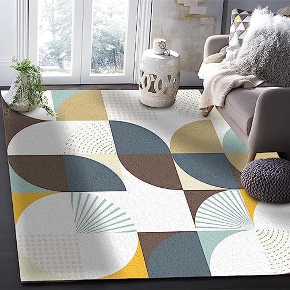 Circle Geometric Area Rug Vintage Mid-Century Rug for Living Room Hardwearing Anti-Slip Washable Carpet for Bedroom Kitchen Entryway 3x5ft