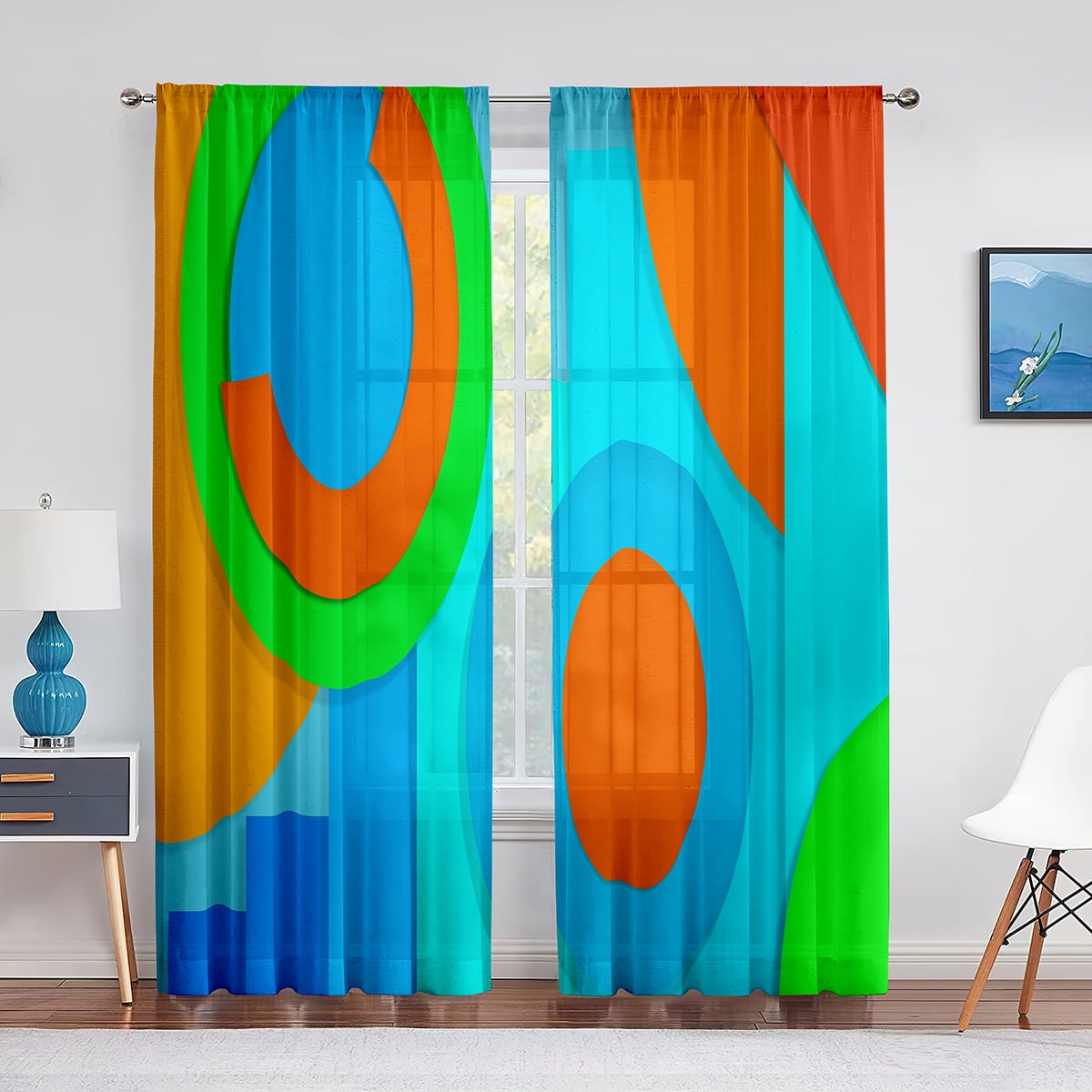 Circle Geometry Printed Voile Curtain Stripe Line Art Chiffon Window