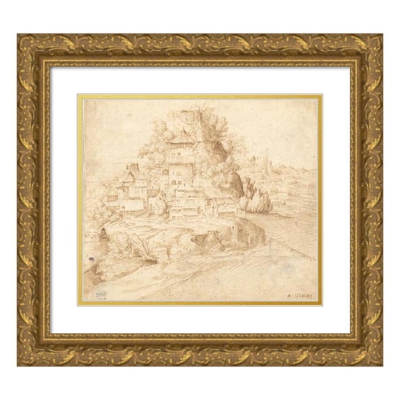 Circle of Giorgione (Giulio Campagnola) 23x20 Gold Ornate Framed and Double Matted Museum Art Print Titled - A Village Nestled at the Foot of a Hill (Recto) (1509-1515)