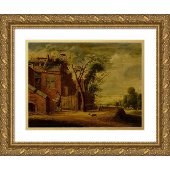 Circle of Joachim Govertsz. Camphuysen 24x19 Gold Ornate Framed and Double Matted Museum Art Print Titled - Country Landscape with a Hennetaster Before a Cottage with Dovecote