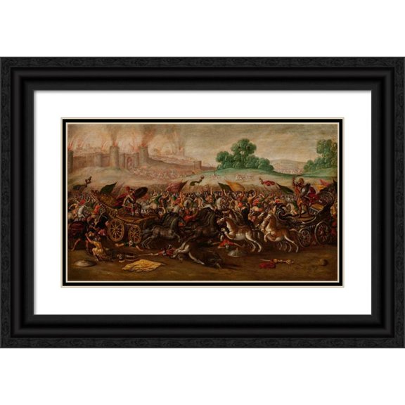 Circle of Juan de la Corte 24x16 Black Ornate Framed Double Matted Museum Art Print Titled: The Burning of Jerusalem by Nebuchadnezzar's Army (Between 1630 and 1660)
