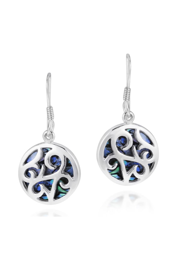 Circle Lace Filigree Swirl Abalone Inlay .925 Silver Dangle Earrings
