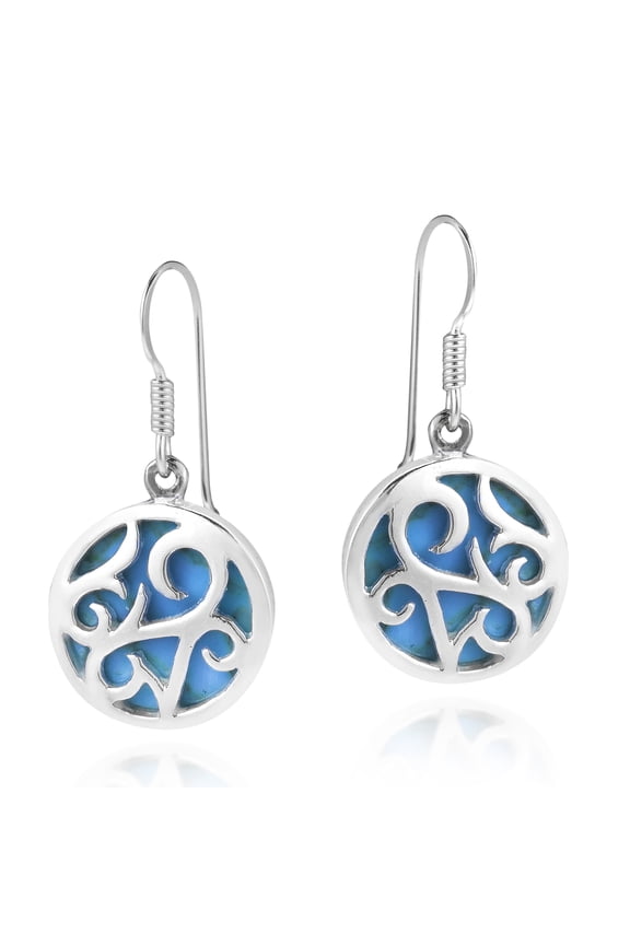 Circle Lace Filigree Swirl Blue Turquoise Inlay .925 Silver Dangle Earrings