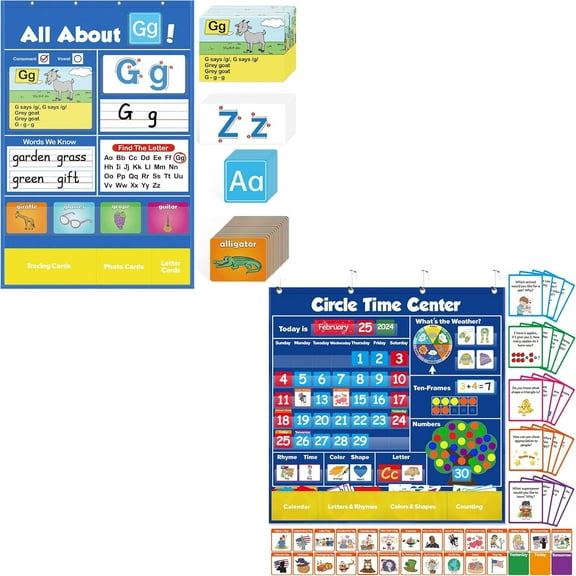 Circle Learning Time Center Pocket Chart Calendar Set, Alphabet Learning Wall Chart ABC Flash Cards Learning Games for Kids Homeschool Preschool Kindergarten Learning Activities Must