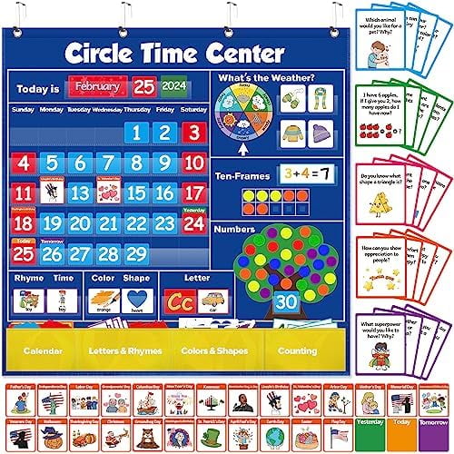 Circle Learning Time Center Pocket Chart Calendar Set, Educational Pocket Chart Learning Shape, Color Classroom Pocket Chart-Number Pocket Chart Wording Rhyme Pictures Pocket Chart$$Office