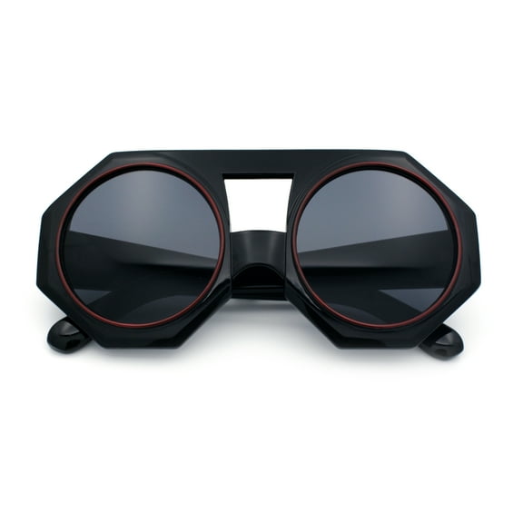 Circle Lens Victorian Octagon Flat Top Geometric Thick Plastic Sunglasses All Black