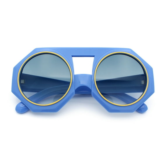 Circle Lens Victorian Octagon Flat Top Geometric Thick Plastic Sunglasses Blue - Smoke