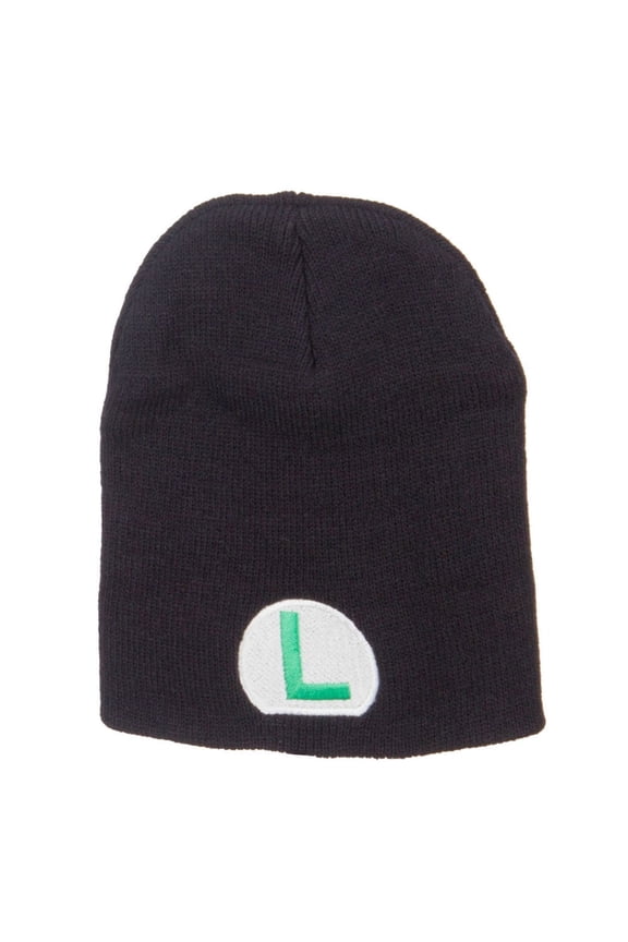 Circle Luigi Embroidered Short Beanie - Black OSFM