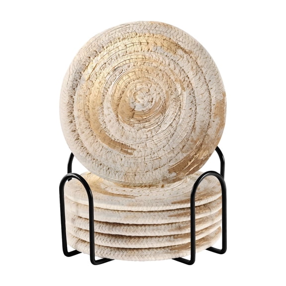 Circle Marble 6 Pcs Drink Coasters with Holder Absorbent Coasters Woven Coasters for Drinks Table Desk Protection Home Decor