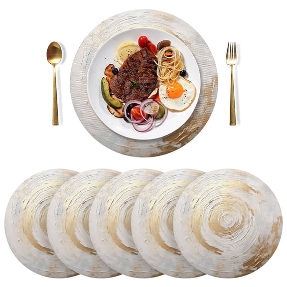 Circle Marble Black Round Placemats Plate Mats 15 Inch Non-Slip Heat Resistant Washable PVC Set Indoor for Kitchen Dining Table 6PCs