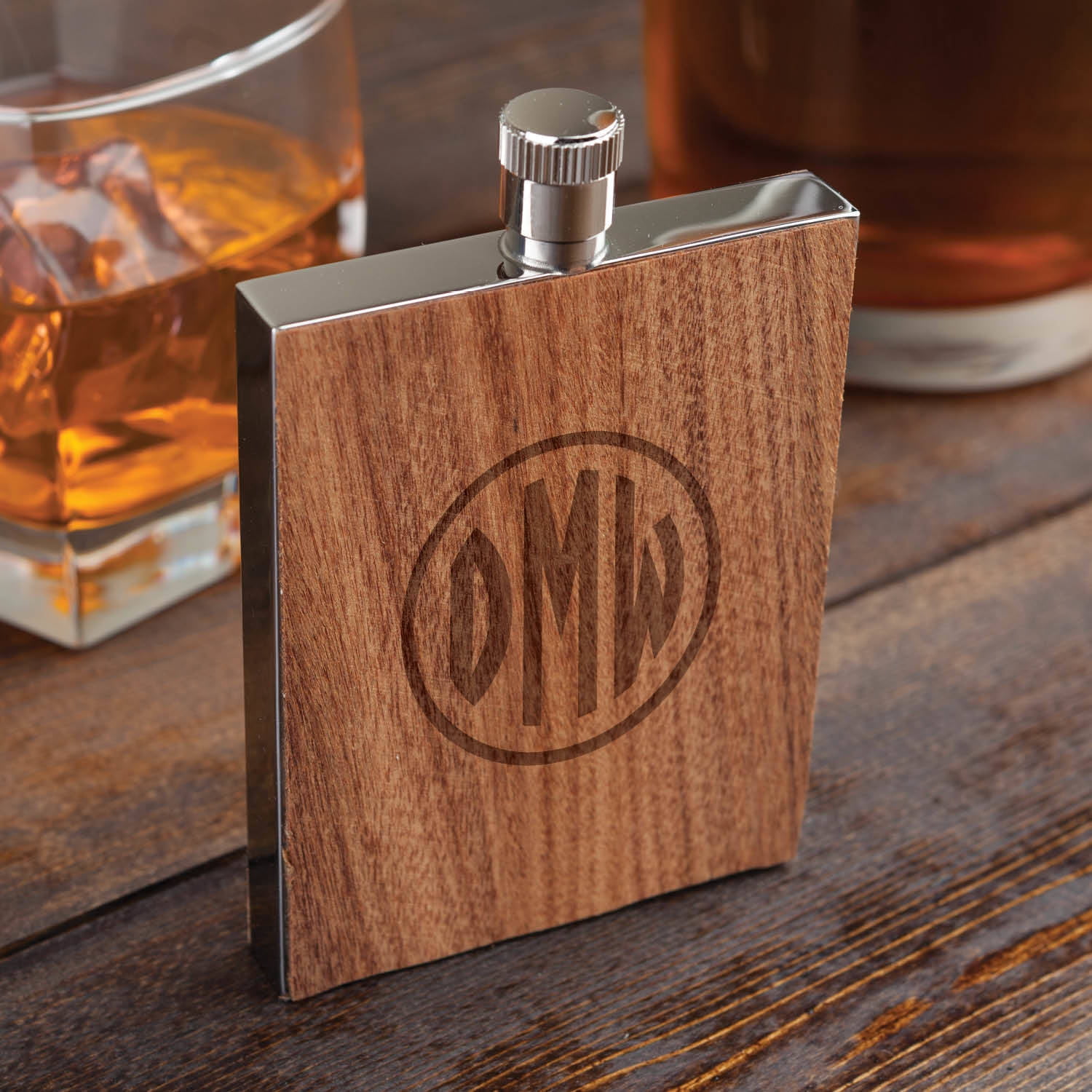 Circle Monogram Personalized Wood Flask