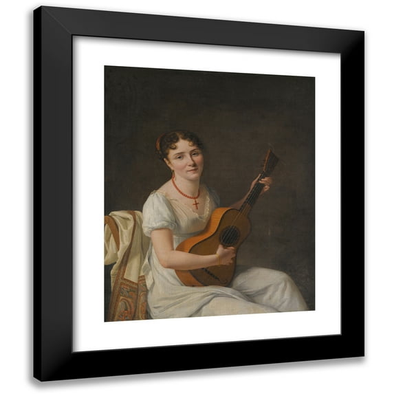 Circle Of François-Xavier Fabre 15x18 Black Modern Framed Museum Art Print Titled - Portrait of a Lady, Seated in an Interior, Wearing A White Dress and Playing the Guitar