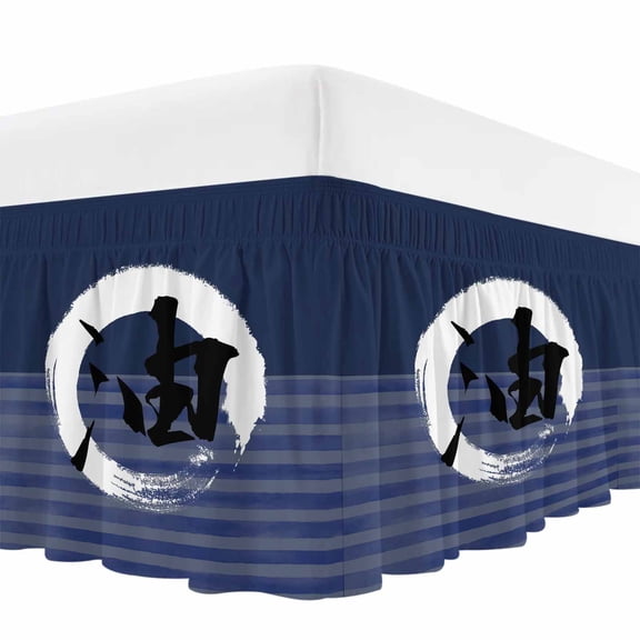 Circle Oil Word Bed Skirt Bed Skirts Queen Size 16 Inch Drop, Japanese Circle Oil Word Blue Strips Background Wrap Around Dust Ruffle Bedskirt with Adjustable Elastic Belt for Queen Size Beds