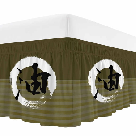 Circle Oil Word Bed Skirt California King Size 18 Inch Drop, Japanese Circle Oil Word Green Strips Background Wrap Around Dust Ruffle Bedskirt with Adjustable Elastic Belt