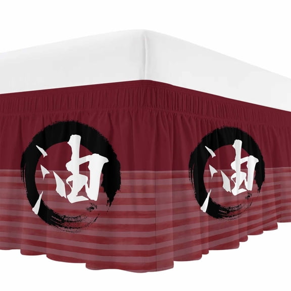 Circle Oil Word Bed Skirt California King Size 18 Inch Drop, Japanese Circle Oil Word Red Strips Background Wrap Around Dust Ruffle Bedskirt with Adjustable Elastic Belt for California King Size Beds