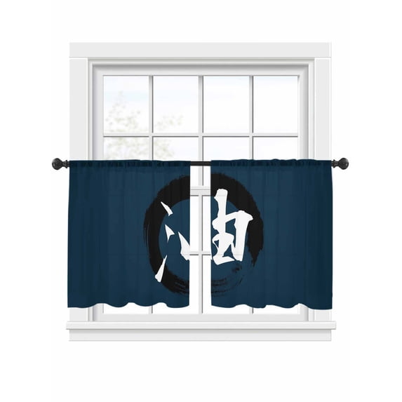 Circle Oil Word Sheer Curtains 2 Panels Set Japanese Circle Oil Word Blue Background Sheer Window Curtains Light Filtering Rod Pocket Voile Drapes for Bedroom Living Room 52"x45"