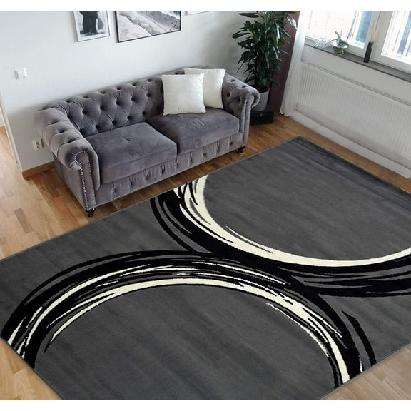 Circle Pattern Area Rug Geometric Contemporary Modern Black & Grey Carpet Comfy shed Free Stain Resistant
