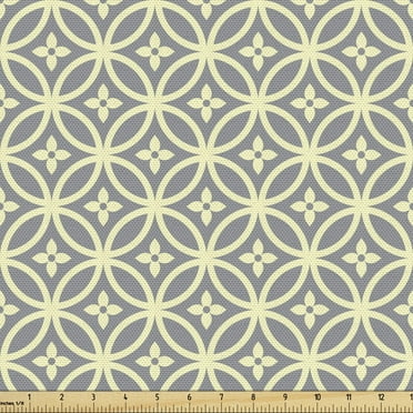 Circle Pattern Fabric by the Yard, Quatrefoil Style Flourish Ornamental Motif in Symmetry Vintage, Decorative Upholstery Fabric for Chairs & Home Accents, 5 Yards, Dimgray and Pale Yellow by Ambesonne