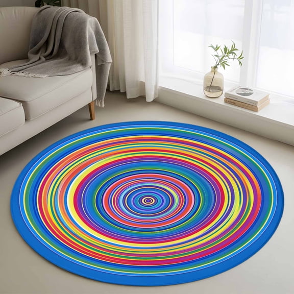 Circle Pattern Round Area Rugs 3 ft, Vintage Colorful Rainbow Stripes Texture Washable Small Area Rug with Non-Slip Sturdy Edge Binding Round Front Door Mat Floor Carpet for Entryway