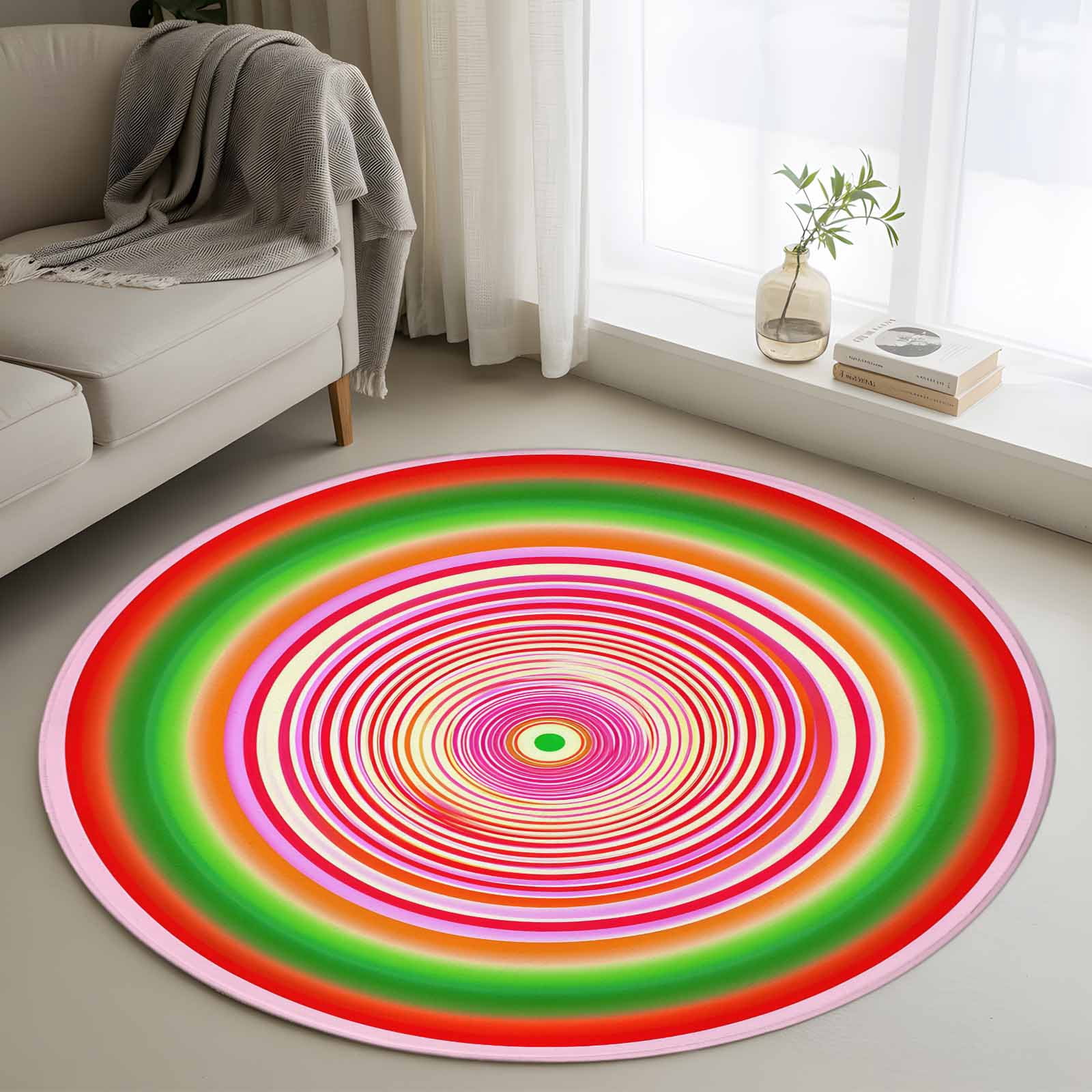 Circle Pattern Round Living Room Rugs 4 ft, Vintage Pink Green Red ...