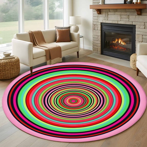 Circle Pattern Round Living Room Rugs 6 ft, Vintage Green Pink Red Stripes Texture Washable Area Rug with Non-Slip Sturdy Edge Binding Round Carpet for Kitchen Office Bedroom