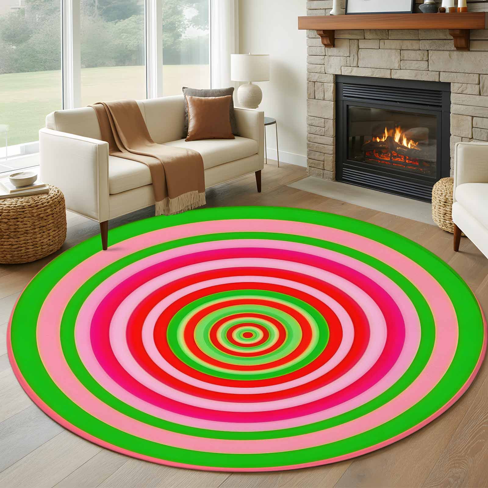 Circle Pattern Round Living Room Rugs 8 ft, Vintage Pink Green Stripes ...