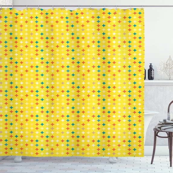 Circle Pattern Shower Curtain, Simple and Vivid Artistic Repetition of Lovely Colorful Stars, Fabric Bathroom Set with Hooks, 69"W X 75"L Long, Mustard and Multicolor, by Ambesonne