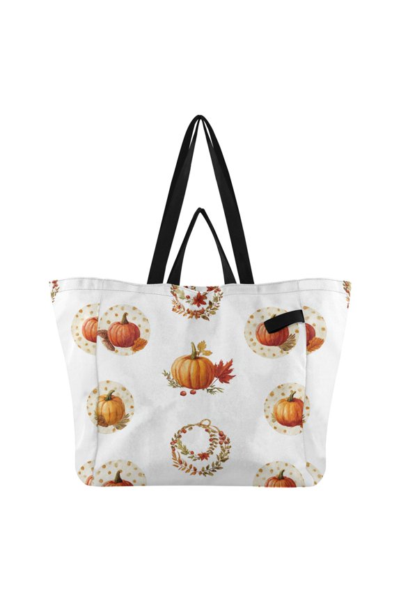 Circle Pattern with Dot Pumpkin Garland Thanksgiving Foldable Canvas Tote Bags Reusable Grocery Bags Laundry Bags Beach Bag 32L