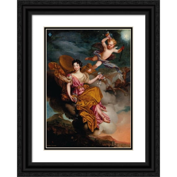 Circle of Pierre Mignard 14x18 Black Ornate Wood Framed Double Matted Museum Art Print Titled - Portrait of Mademoiselle De La Force as Flora in a Landscape with Putti