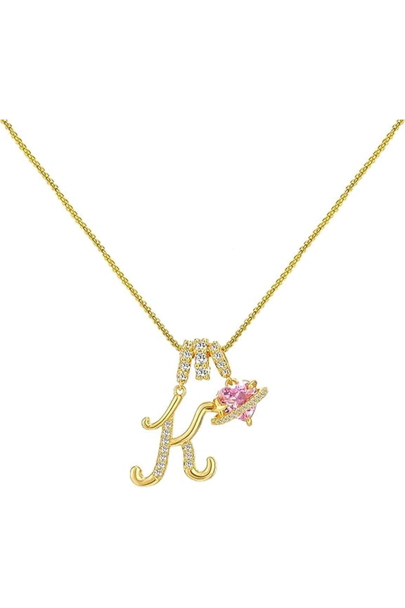 Circle Pink Heart-Shaped Diamond-Encrusted Crystal Gold Initial A-Z Charm Jewelry with Pink Heart,Personalized Custom Name Jewelry(1pc - Gold)