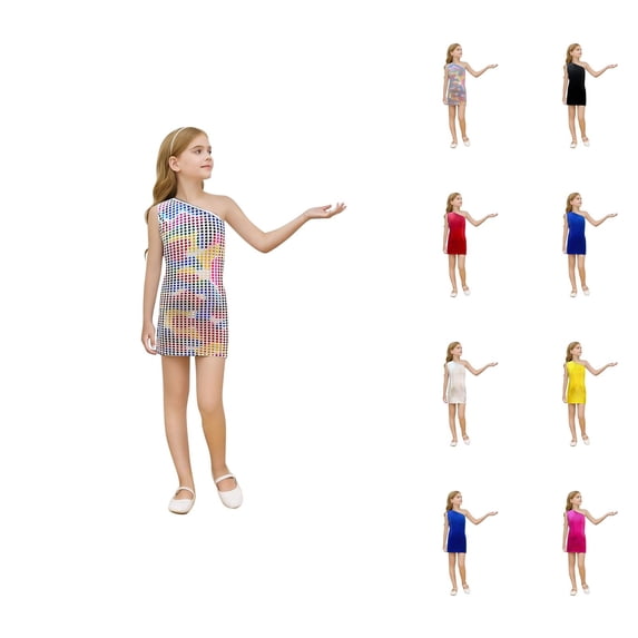 Circle Print Sequin Party Dress – Off-Shoulder Retro Mini Gown, Festival & Recital Wear Ages 3-16, Playful Upgrade from Pink Dress for Girls Simplicity