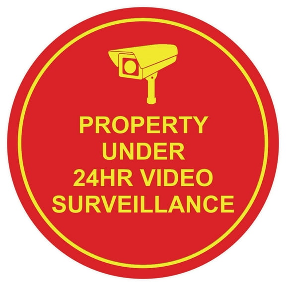 Circle Property Under 24hr Video Surveillance Wall / Door Sign - Red / Yellow (Medium)