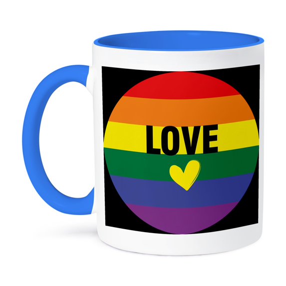 3dRose, Circle Rainbow Gay flag colors LOVE with yellow heart, 15oz Two-Tone Blue Mug