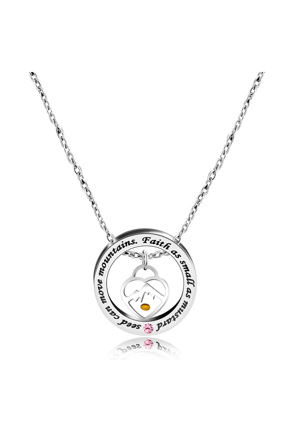 Circle Round Lettering Necklace Faith as Small as Mustard Seed Can Move Mountains with Pink Cubic Zirconia Y2486 (Heart Mountain)