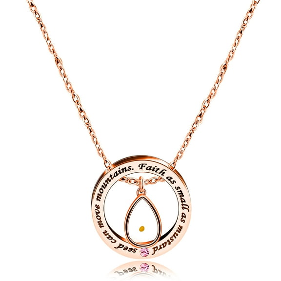 Circle Round Lettering Necklace Faith as Small as Mustard Seed Can Move Mountains with Pink Cubic Zirconia Y2486 (Teardrop Seed)
