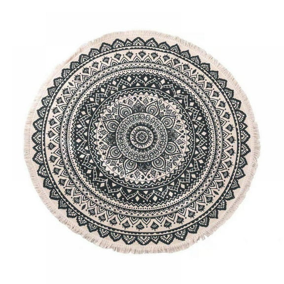 Circle Rug,Small Meditation Bohemian Round Carpet with Fringe,Cute Kids Playroom Mat, Moroccan Cotton Woven Circular Rug,Home Living Room Coffee Table Printed Floor Mats,90In(Diameter)