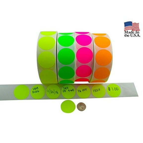 Circle Stickers Color Coding Labels Super Bright Fluorescent Neon Yellow, Green, Orange and Pink Round Circle Dots For Organizing Inventory 1.5" 2,000 Total Adhesive Stickers (500 of each color)