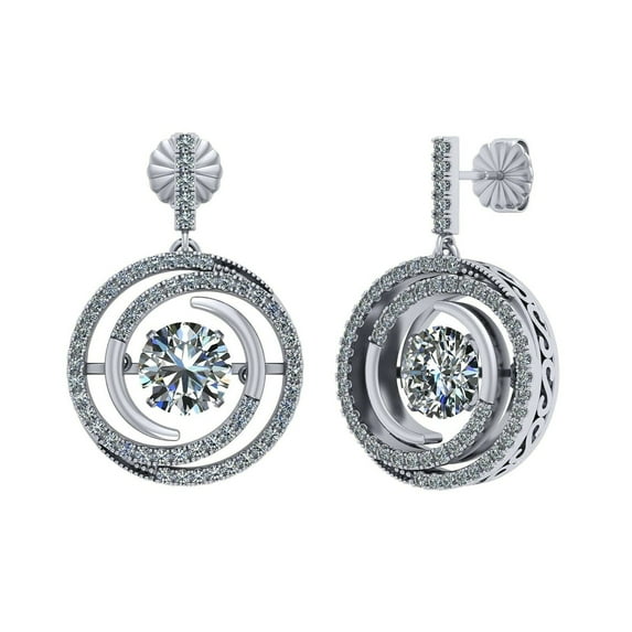 Circle Swirl Dancing Stone Dangle Earrings in Sterling Silver W/ Pure Brilliance Zirconia – Rhodium Plated