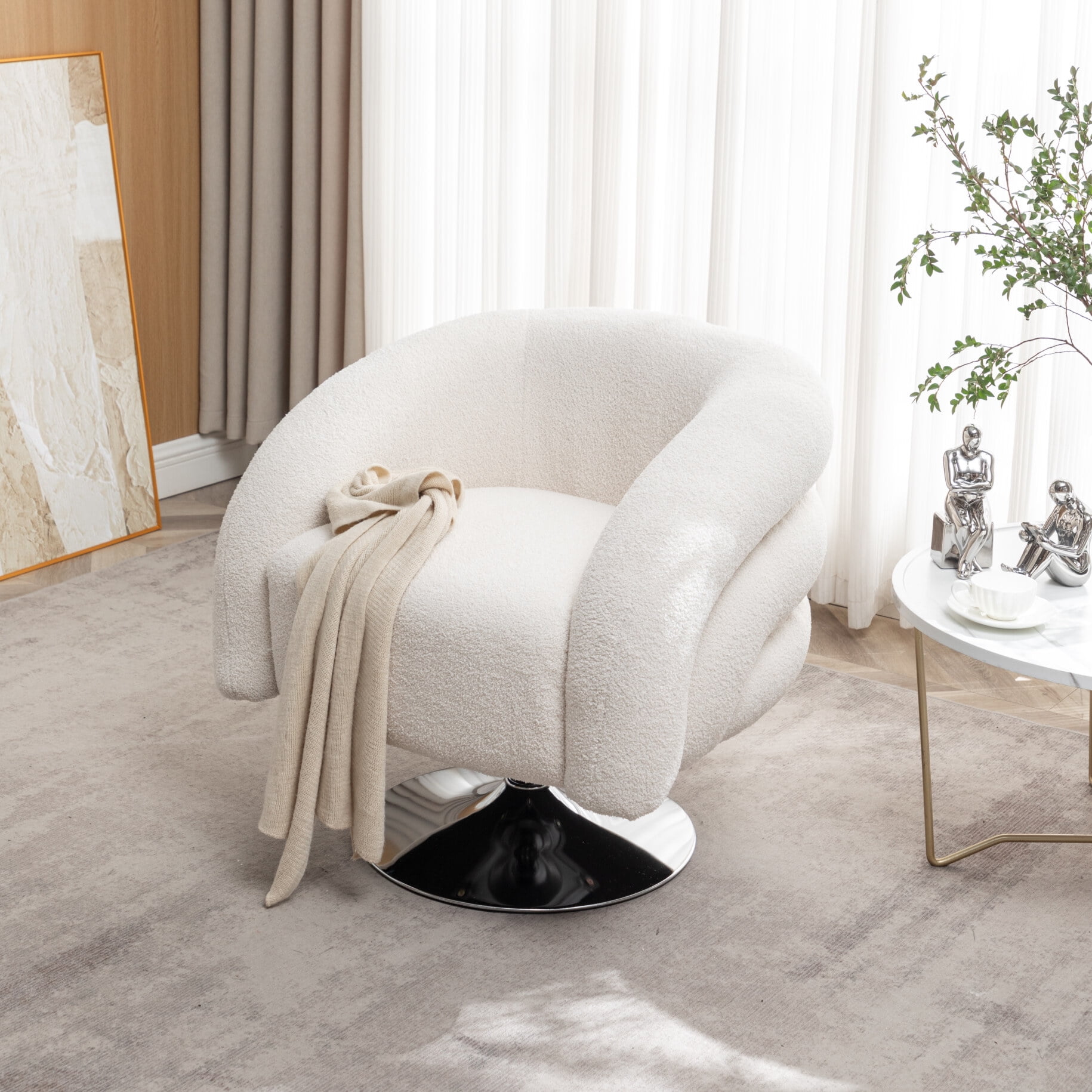 Circle Swivel Chair Boucle Single Sofa Chair with Swivel Base and Wood Frame Accent Cloud Chair for Living Room Reading Room Easy Assembly White Walmart Business Supplies