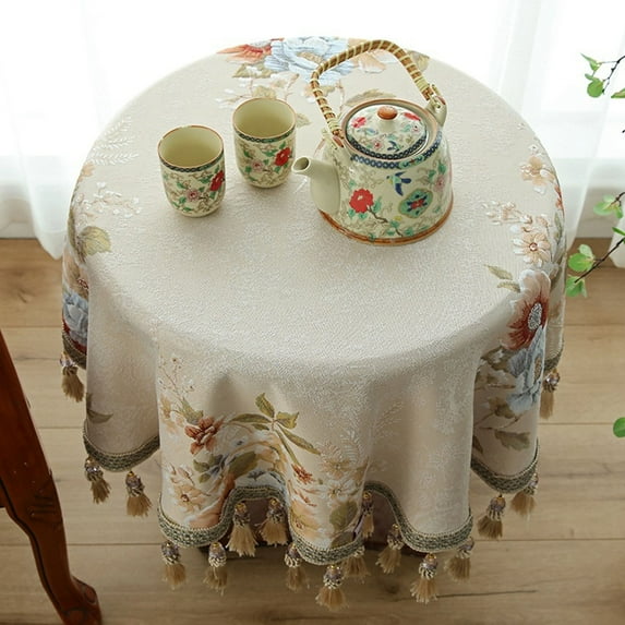 Circle Tablecloth Retro Pastoral Tea Table Cloth With Fringe Thicken Shrink Proof Table Cover-A-120cm